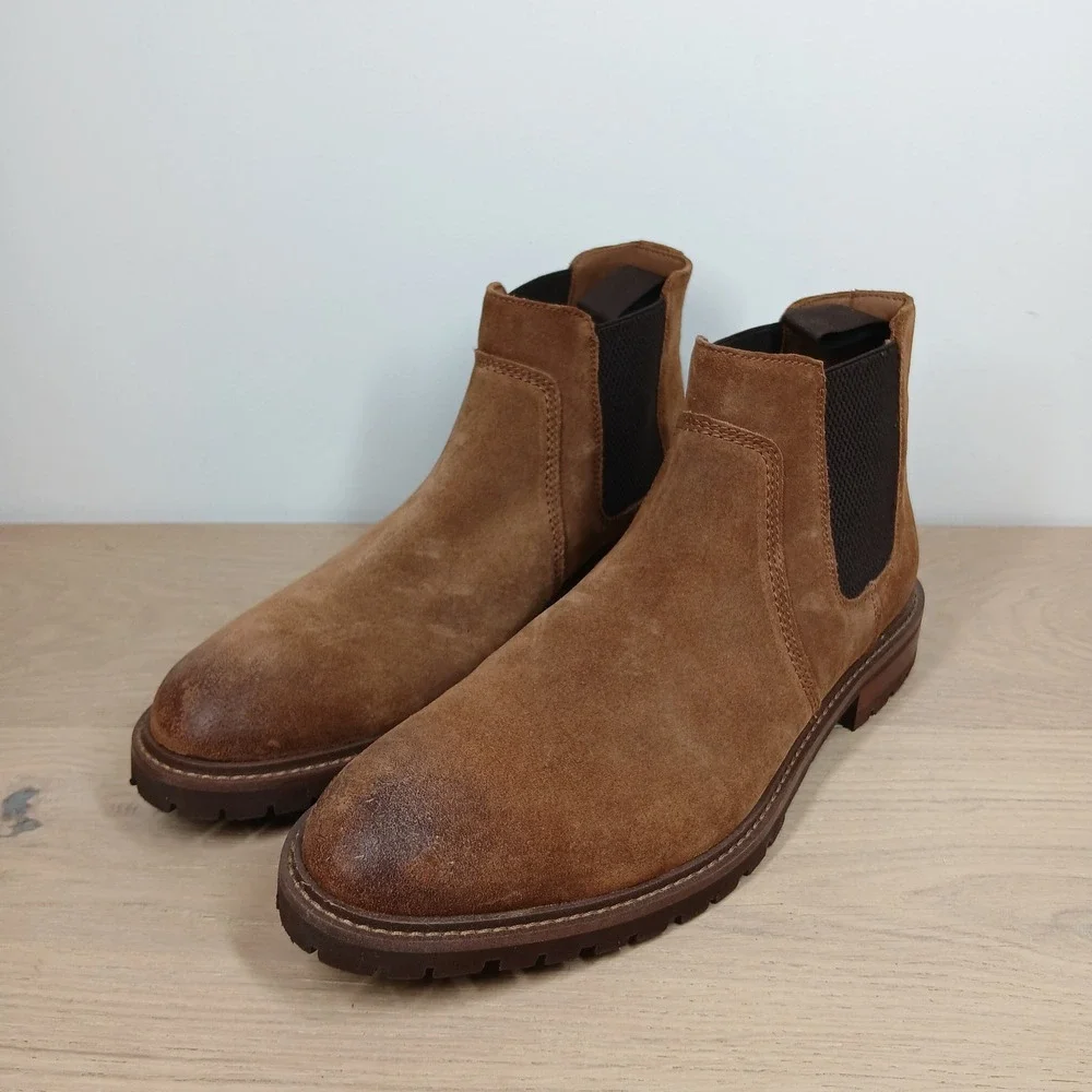 Johnston & Murphy Chelsea Boots Mens 11.5 M Tan Suede Lug Sole Rugged Heritage
